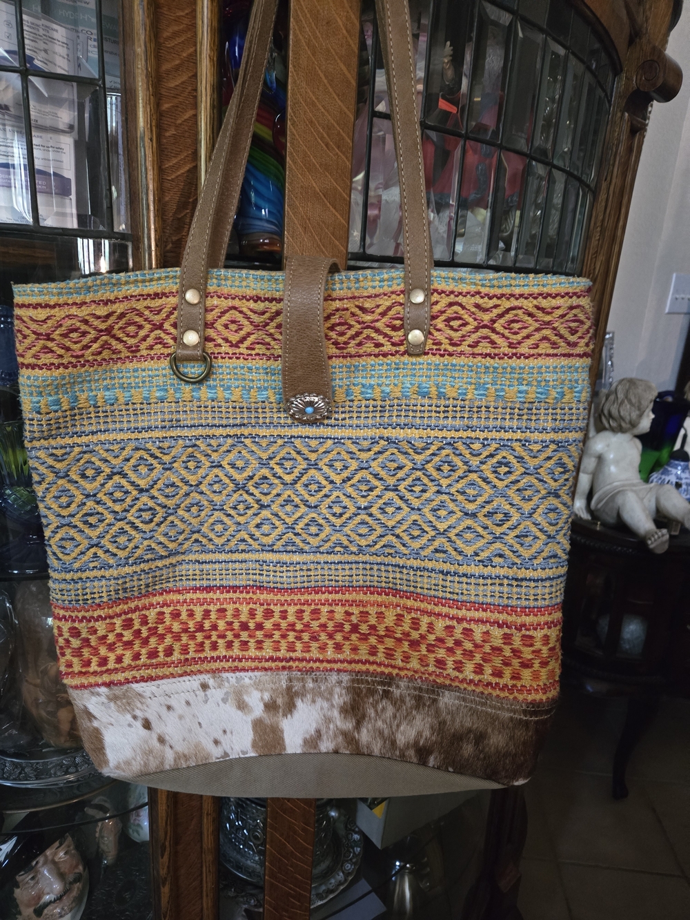 Myra Bag Woven Tote in Red, Blue, Yellow and Brown with Cowhide Accent